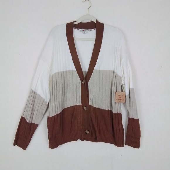 Plus Size Acrylic Cardigan Sweater Size 2X White,‎ Brown, Tan Colorblock - Picture 1 of 11